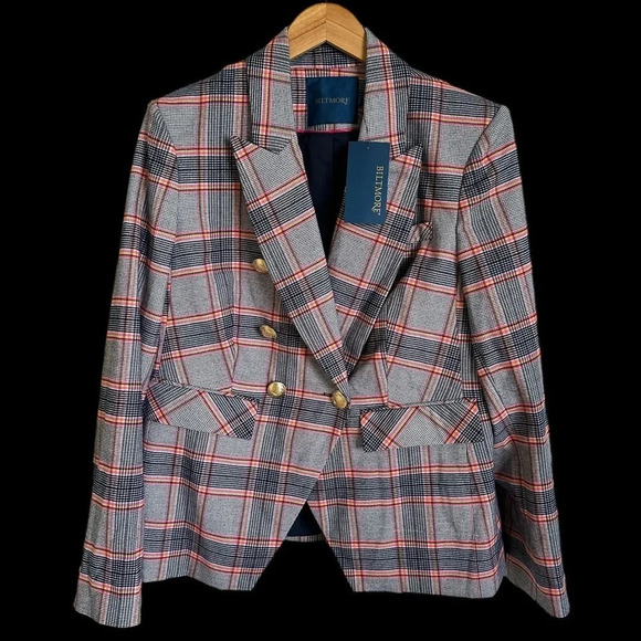 NWT Biltmore Women’s 14 Glen Plaid Double Breasted Blazer Jacket Navy Career New - Picture 1 of 7